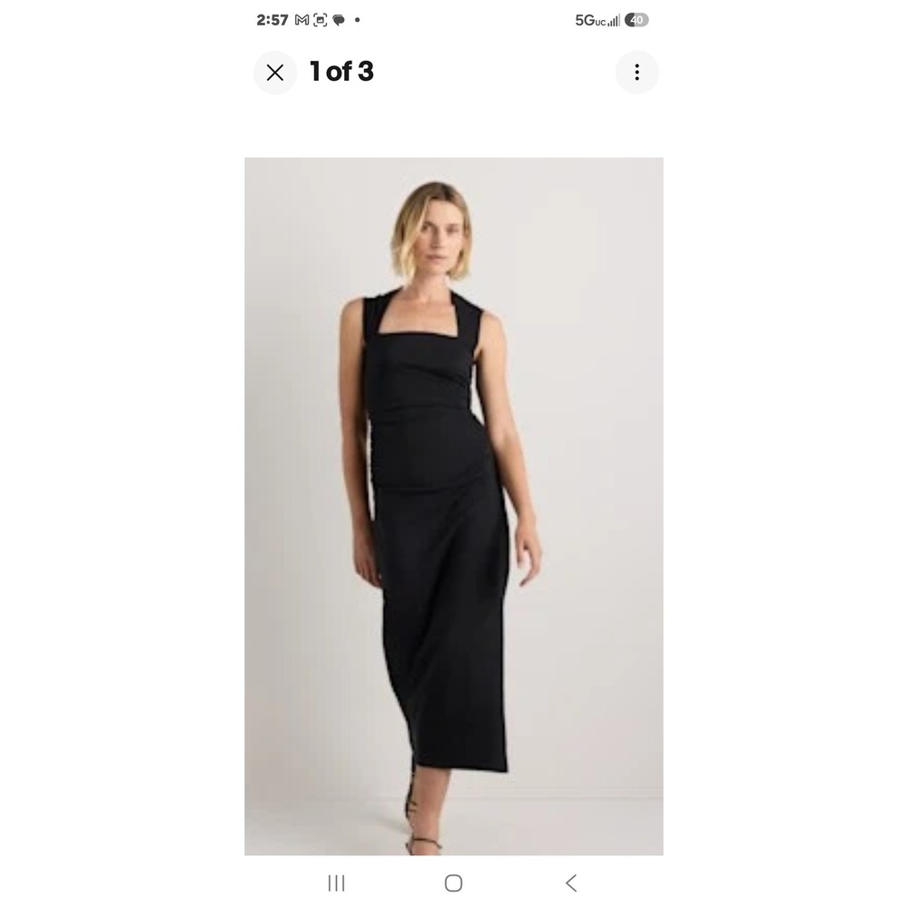 Quince Ruched Midi Dress Black Stretch Cotton Square Neck Sleeveless Large